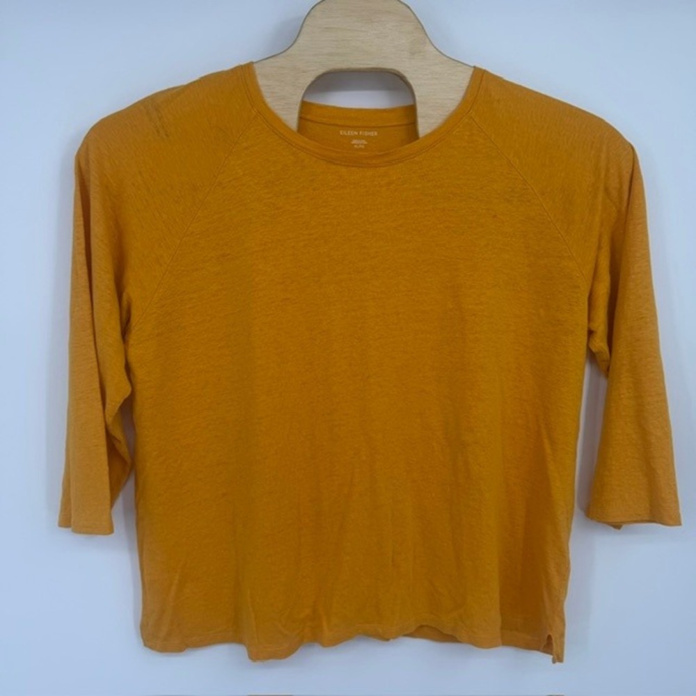 Eileen Fisher Women's XL Mustard Yellow 100% Organic Linen 3/4 Sleeve Raglan Top